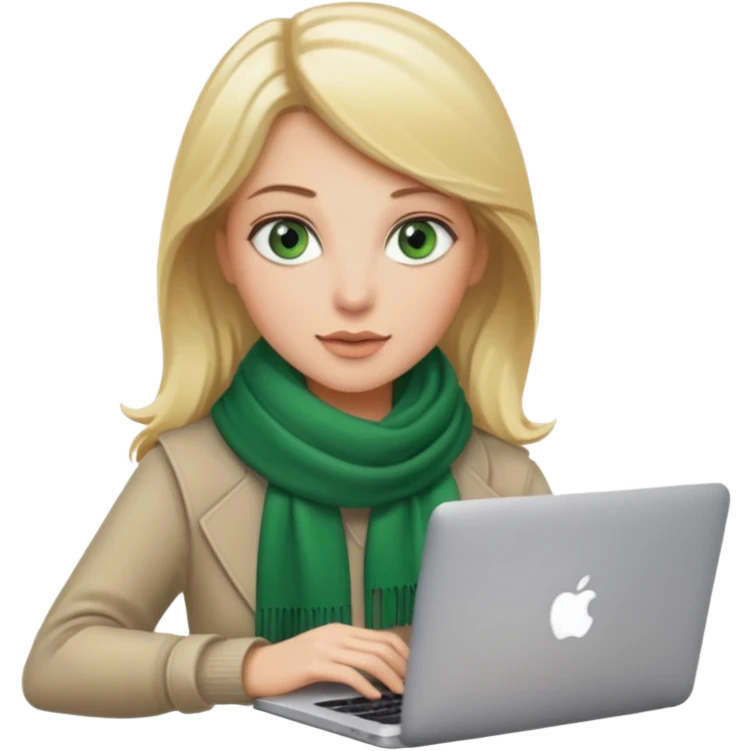 blond women skine , with green eyes and scarf . with macbook emoji