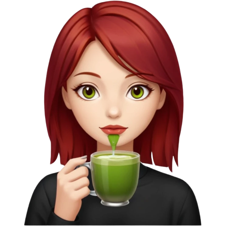 beautiful brunette with slightly cherry red tinted hair , with dark hazel eyes (let's call her kami), sipping matcha emoji