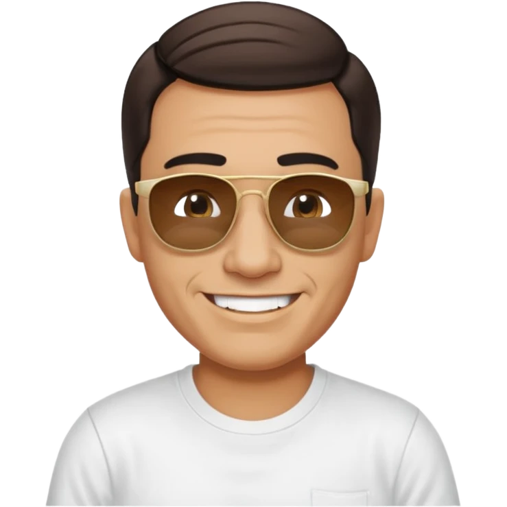 Mexican with a 60 40 combover with the left side a little bit on the face grinning with sunglasses emoji