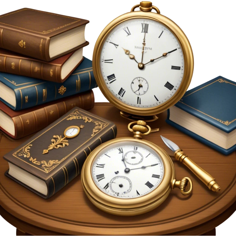 Icon for Antiques Collecting: antique carved  table, a vintage pocket watch and a porcelain figurine, all placed on a wooden antique carved table surrounded by aged books and a magnifying glass. The icon should evoke the elegance and history of antique collecting. Transparent background. emoji
