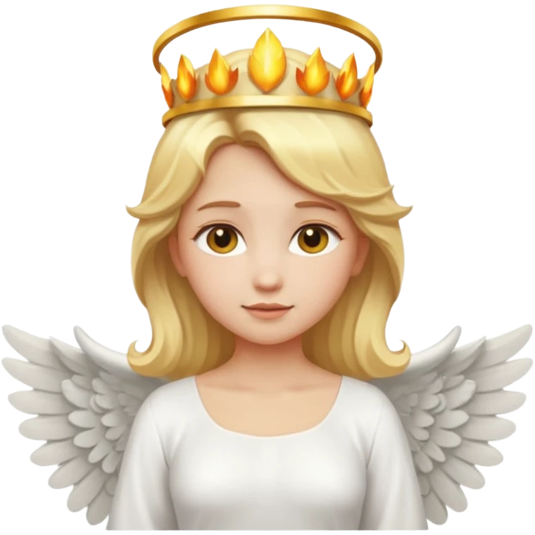Emoji-style angel: blonde hair, golden flame crown, halo, large detailed wings, white dress, visible feminine body shape, cute smooth emoji look. emoji