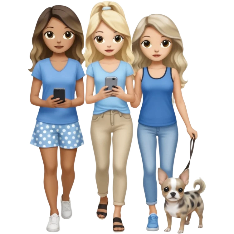 Three pretty women in cute summer clothes walking a blue and gray spotted Merle Frenchie and walking a black and tan chihuahua puppy, holding iPhone, hazel eyed light skin with dark blonde long hair and light skin hazel eyed long wavy dark hair, blue eyed light skin long blonde hair  emoji
