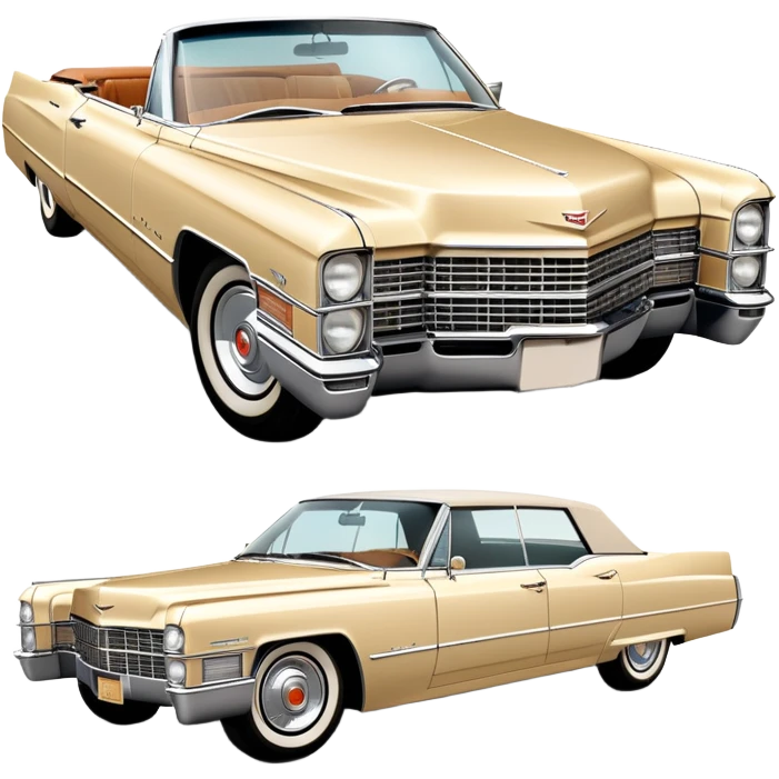 Beige 1966 Cadillac DeVille, 30-degree three-quarter view showing front and side, accurate vintage luxury car proportions, detailed front grille and headlights, from Once Upon a Hollywood movie, iOS emoji style emoji