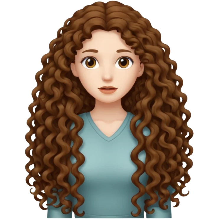 pale woman with brown curly very long hair, middle part. the hair is very very very very very very long, so long, you can't see the ends. the hair is very heavy and goes down to her feet emoji