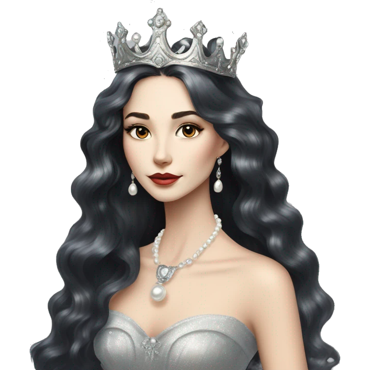 Regal pretty slender woman photograph defined cheekbones high cheekbones crown vintage with very long iridescent black and silver hair wavy long hair pearl crown iridescent emoji