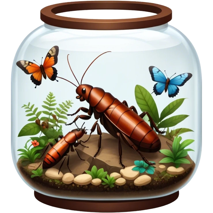 Close-up of giant Madagascar hissing cockroaches, butterflies, and stick insects inside a terrarium, with detailed textures of their bodies, wings, and legs. Soft lighting highlights their features. Transparent background. emoji
