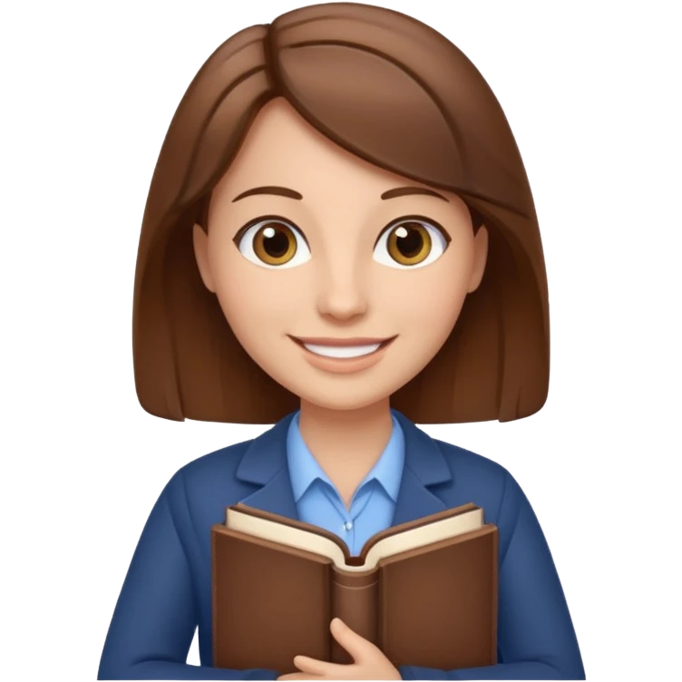 teacher with brown hair holding books, smiling emoji