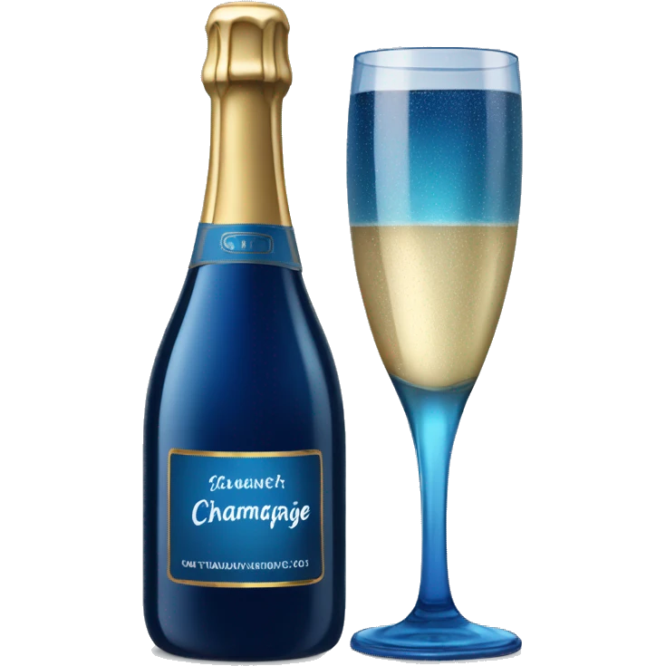 Realistic dark  blue champagne bottle with glass of blue champagne.  emoji