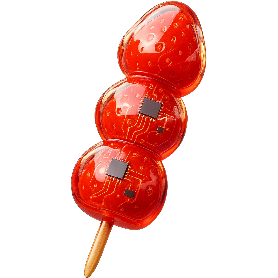 glossy red candied strawberry skewers (Tanghulu) with a crystal-clear sugar coating, reflecting light, held vertically, street food background blurred, high realism, sharp details, vibrant colors emoji