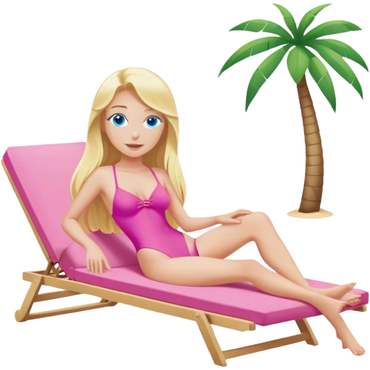A cinematically realistic blonde with long hair and blue eyes is lying on a chaise longue in a pink swimsuit, sunbathing in the sun emoji
