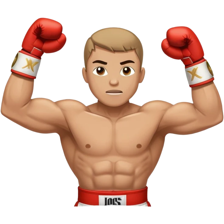 Boxing champion with arms raised in victory, wearing multiple championship belts around waist, determined expression, white hand wraps, muscular cartoon body emoji