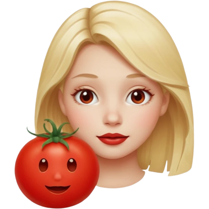 blonde girl, with a red face shaped as a tomato emoji