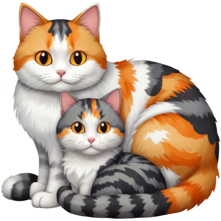 full body colourful light patched calico + white tabby cat cuddling a big grey and white cat  emoji