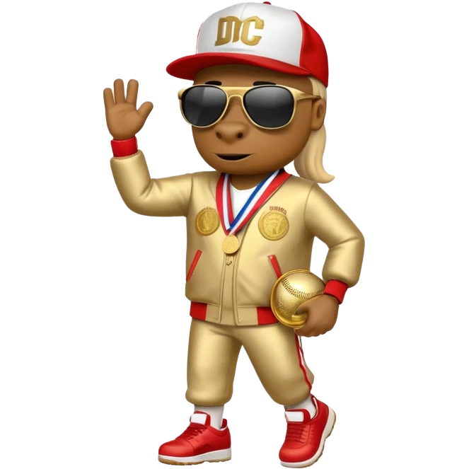 anthropomorphised horse dressed like a member of RUN DMC, hip-hop outfit, gold medal, baseball hat, sunglasses emoji