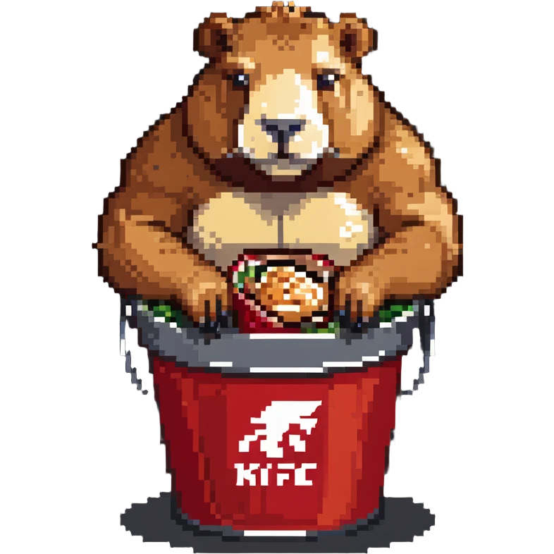 Buff capybara with huge muscles sitting in a KFC bucket emoji