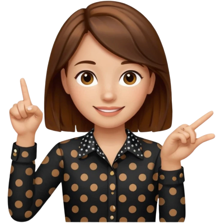 girl wearing a  black polka dots  shirt style, and poiting witgh her hand, her hair brown  emoji