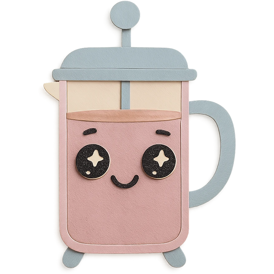 adorable French press with big sparkling eyes, soft pastel tones, full body, hand-drawn paper craft style emoji
