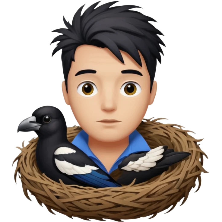 A man who has hair on the top of his head, that is actually an Australian Magpie, birds nest. emoji