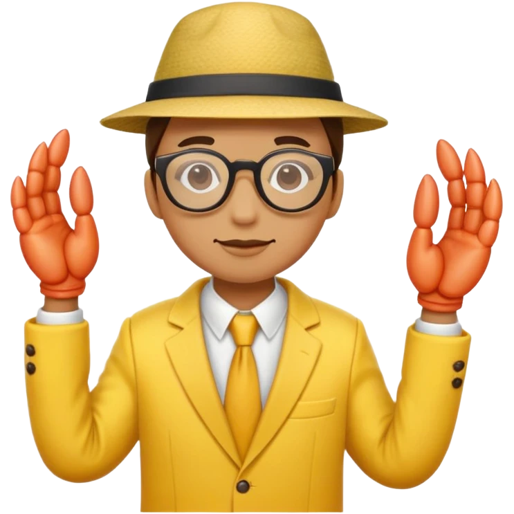 shrimp in a yellow suit, wearing a hat, glasses emoji