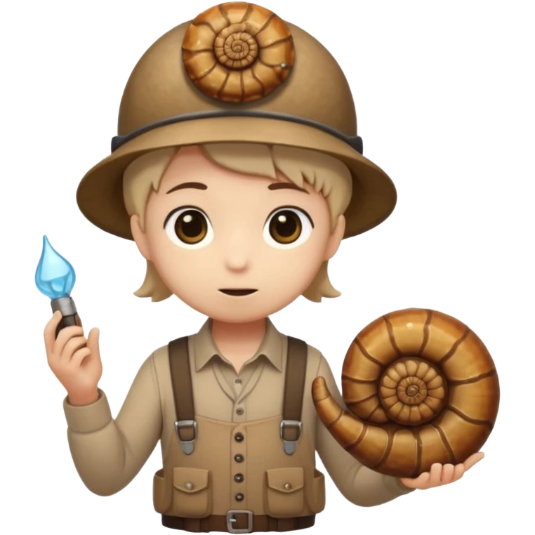 Shelly has a small, chibi-style body with a large ammonite-shaped head that looks like a beige fossil shell. One side of her head has a dark opening, making it clear she isn’t human. Her face is simple and soft, with big round eyes. She wears a brown suspender outfit over a lighter shirt emoji