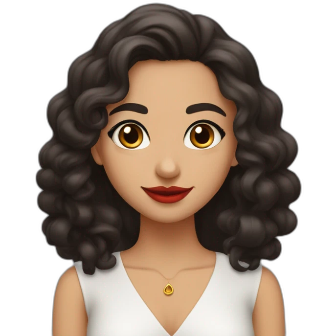 young moroccan woman with dark brown eyes, dark long curling hair with lighter extrimity, red lips, big smile, black dress emoji