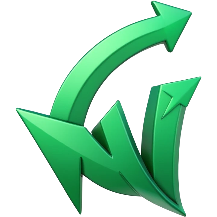 iOS-style 3D emoji: a glossy green arrow curving upward, attached to a jagged rising line chart, with smooth gradients and soft shadow emoji