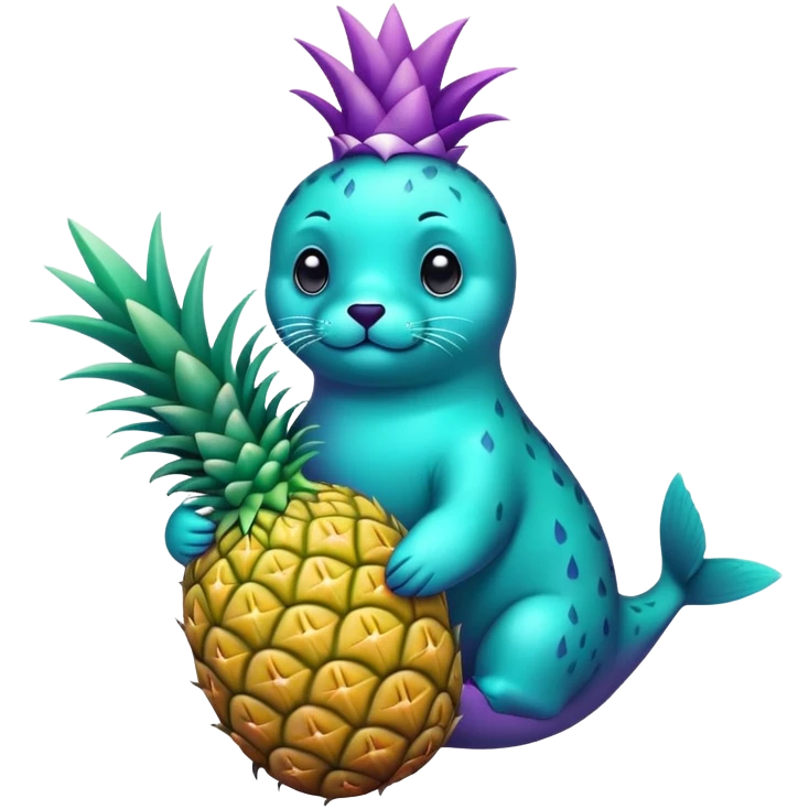 seal that is completely teal-colored holding a pineapple that is completely purple-colored emoji