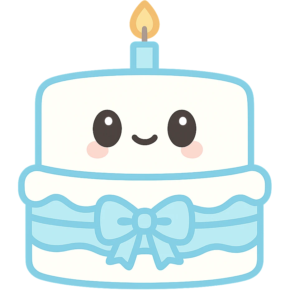 white birthday cake with light blue ribbons, cute and cheerful emoji