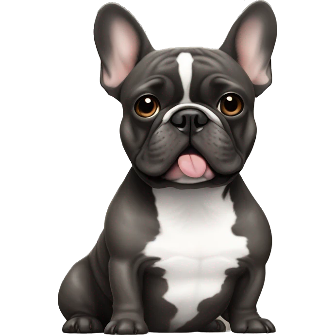 dark gray french bulldog without white sits next to a black brown brindle French bulldog, best friends emoji