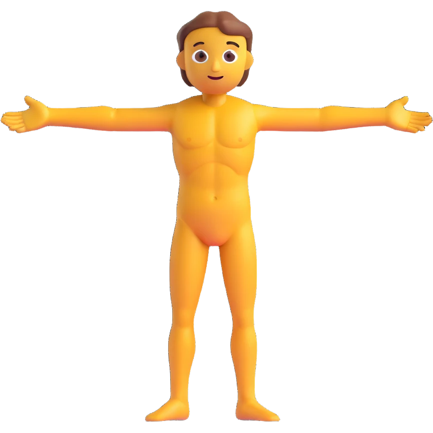Vitruvian Man, stylized emoji interpretation, round face, arms and legs outstretched, yellow background emoji