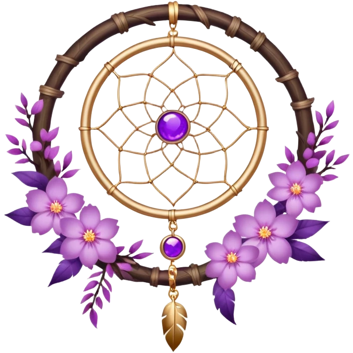 A white-circle-framed Dreamcatcher with purple-round-orb-stones, gold-ring-accents, purple tint flowers, pink sakura flowers, emoji
