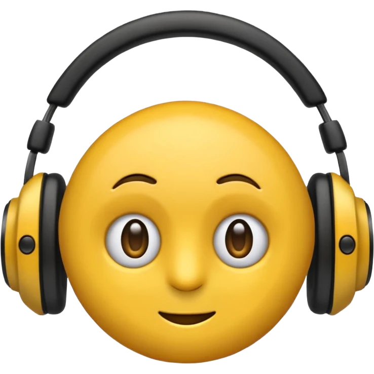 Ein gelber runder Emoji der die Augen geschlossen hat. Total im moment. Glücklich, leichtes lächeln. Verträumt. Leichtigkeit. Freiheit. Overearkopfkörer auf und im hintergrund kleine musiknoten emoji