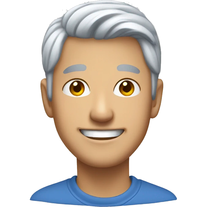 Silver haired asian man smiling blue hoodie emoji