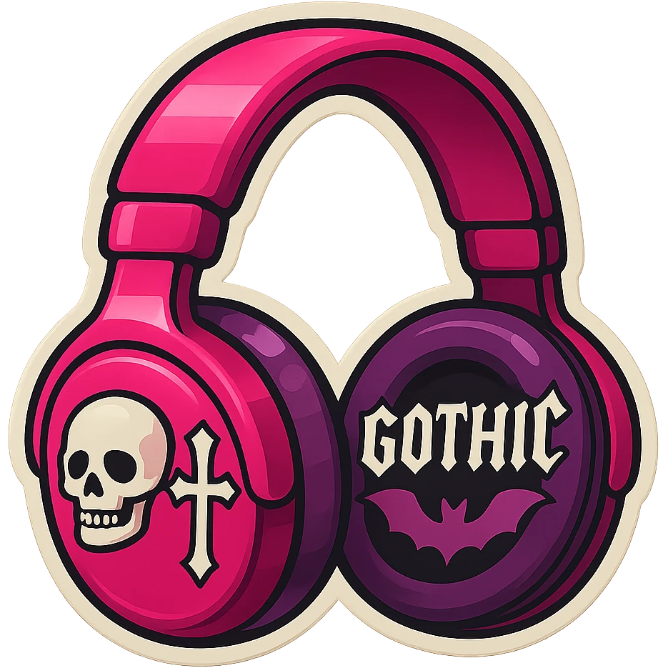 Remove the background, keep only the pink gothic headphones in retro stickers style, with vintage gothic graphics and sticker-like borders, no background. emoji