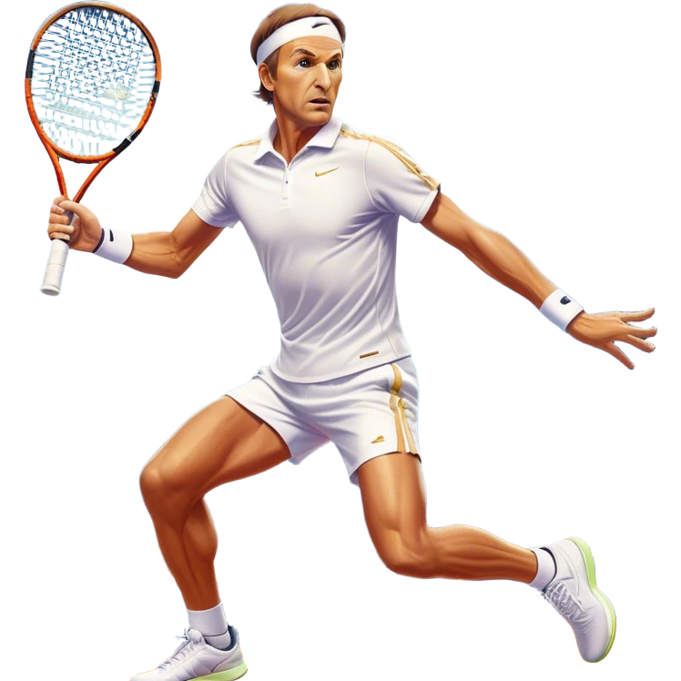 Cinematic Realistic portrait of Goran Ivanišević, depicted as an iconic tennis player in dynamic motion with detailed athletic gear and intense focus, illuminated by bold stadium lighting that accentuates his competitive spirit. emoji