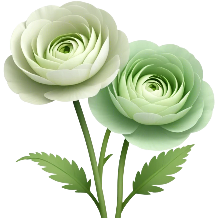 Two white and light green Ranunculus flowers with no leaves emoji