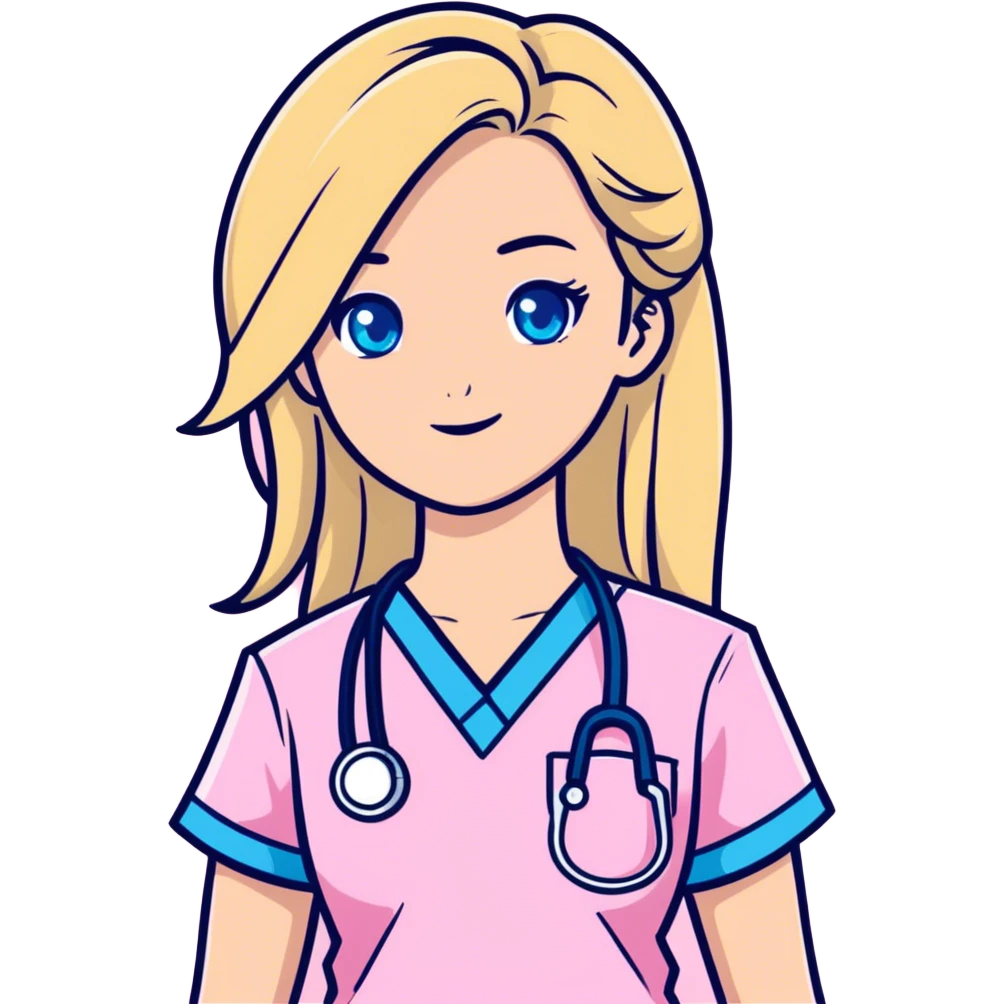 Blonde girl blue eyes long hair pink scrubs  emoji