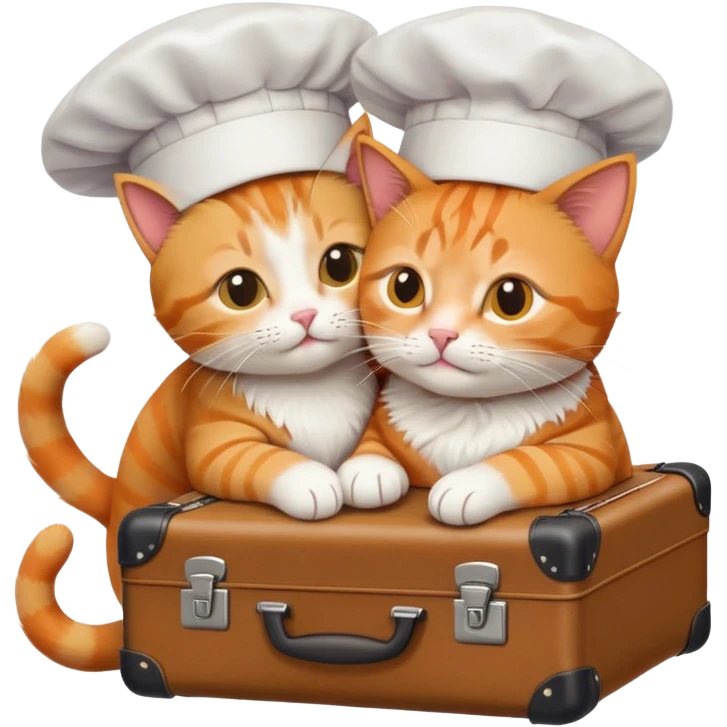 top-down view of one cat in a chef hat hugging a cat with a suitcase, emoji style emoji