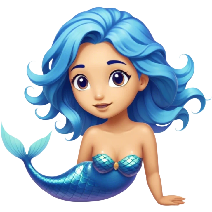 Cinematic Realistic Blue Hair Mermaid Portrait, head tilted playfully and inquisitively, showcasing a delicate, tropical form with finely detailed, flowing blue hair contrasting beautifully against her sun-kissed tanned skin. Her bright, curious eyes sparkle like sea gems under warm filtered light, rendered with lifelike clarity and soft underwater illumination—capturing the essence of a spirited mermaid poised to dance playfully amidst coral reefs. emoji