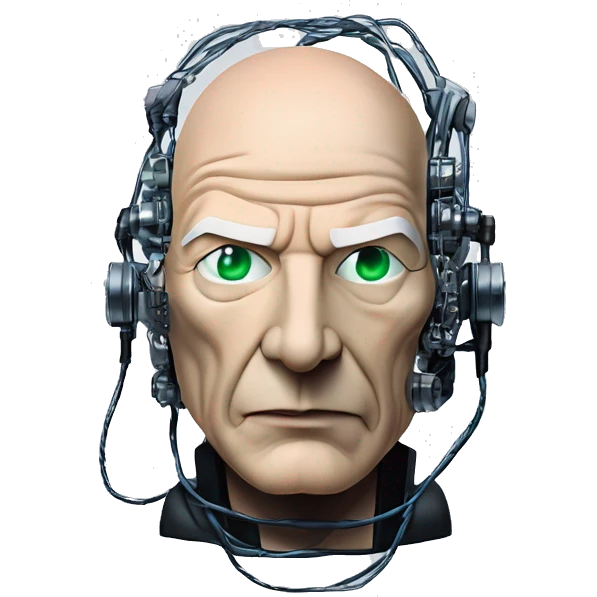 Jean luc picard from Star Trek assimilated by the Borg, with mechanical metal covering the left side of his face, with wires and a red light on the left side. His eyes are blue emoji