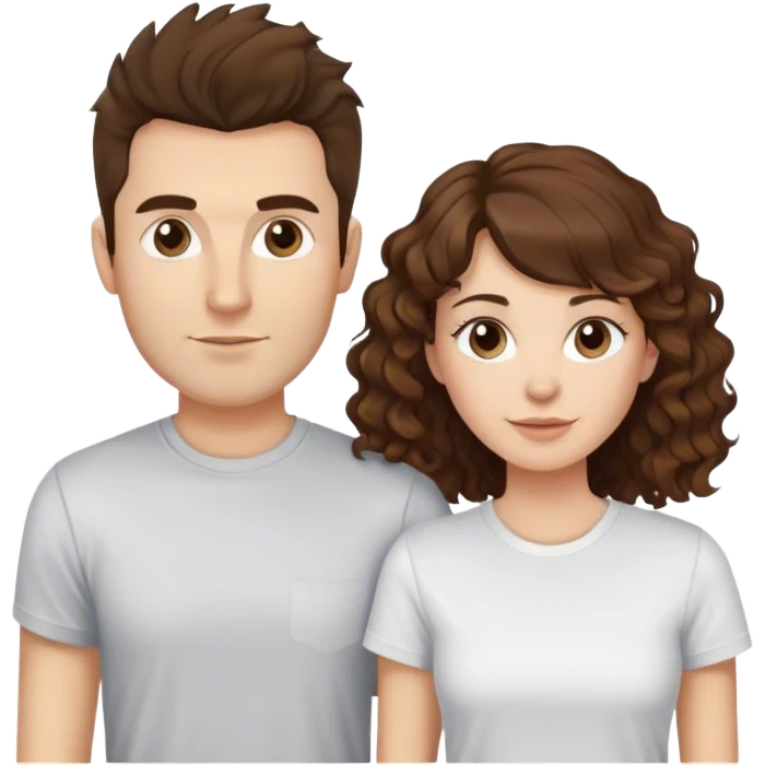 Una pareja joven de 30 años. Ella pelo largo y rizoso, de color castaño y con el flequillo liso. Él, sin barba, un poco de tupe y piel clara. Ambos en camiseta emoji