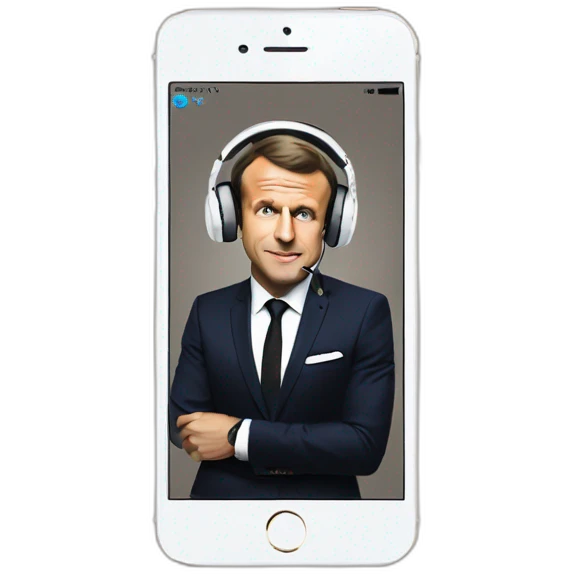 Emmanuel Macron with iPhone wired to earphones vibing at the music emoji