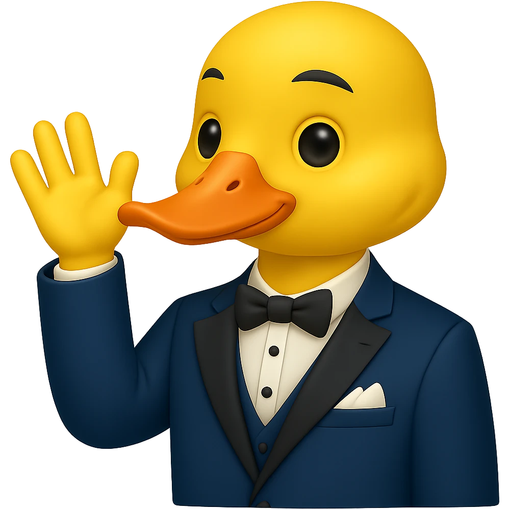 Create a gentlemanly yellow duck in a blue suit, waving, in the style of apple emojis, with no background. emoji
