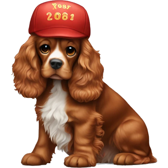 Full red cocker spaniel full length, wearing a New Year's cap emoji
