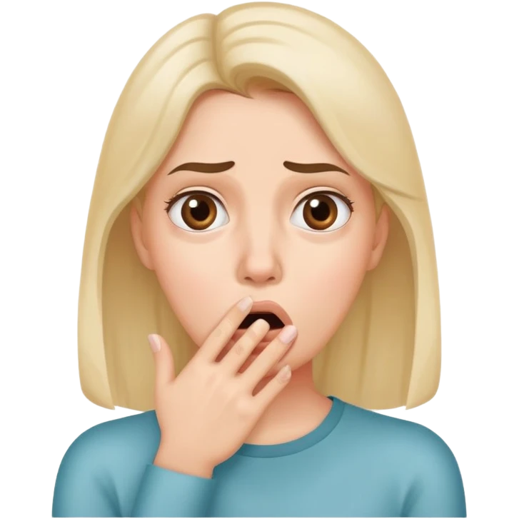 Woman with hand covering mouth, surprised and confused expression with furrowed brow emoji