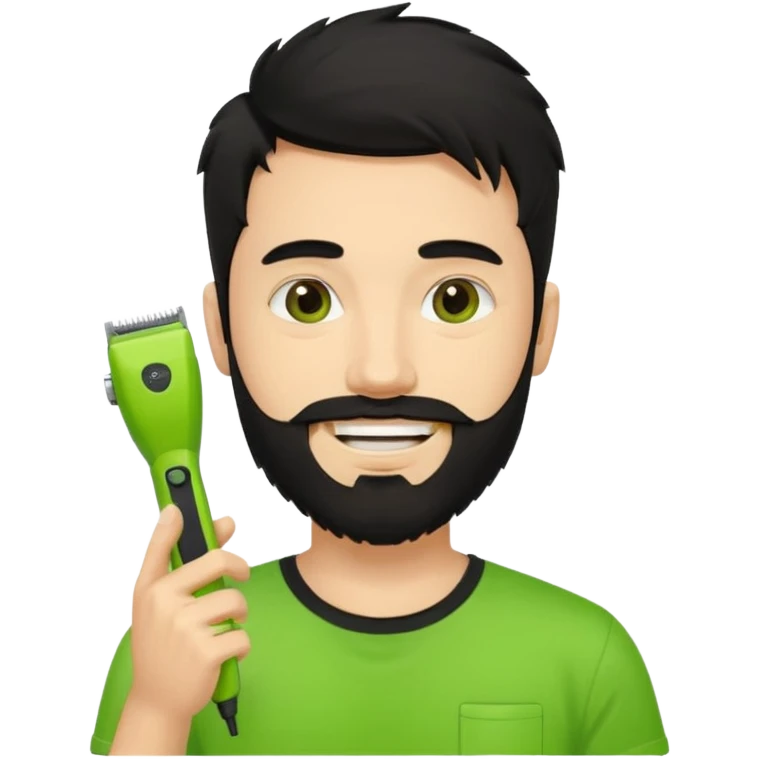 handsome young man, fair complexion, messy black hair and beard, smiling, black t-shirt, holding one small true-to-size lime green face beard trimmer in one hand, iOS emoji style emoji