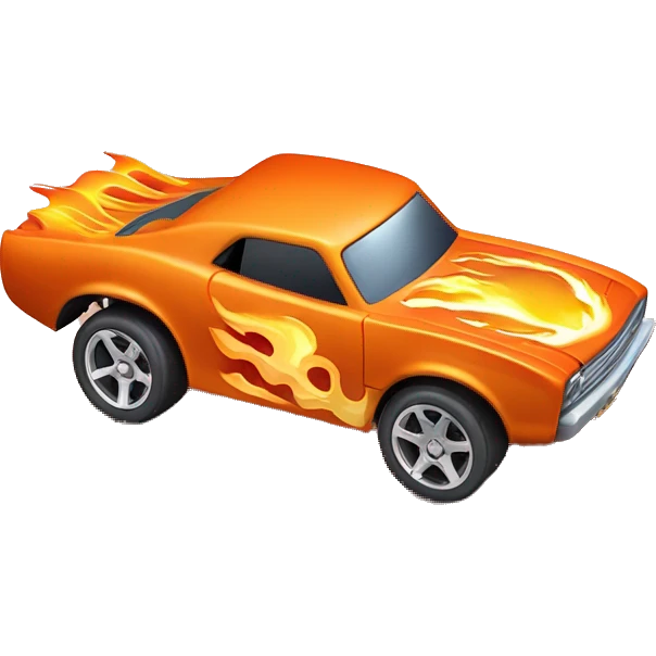 orange hot wheels car with flame and SOFY written on it  emoji
