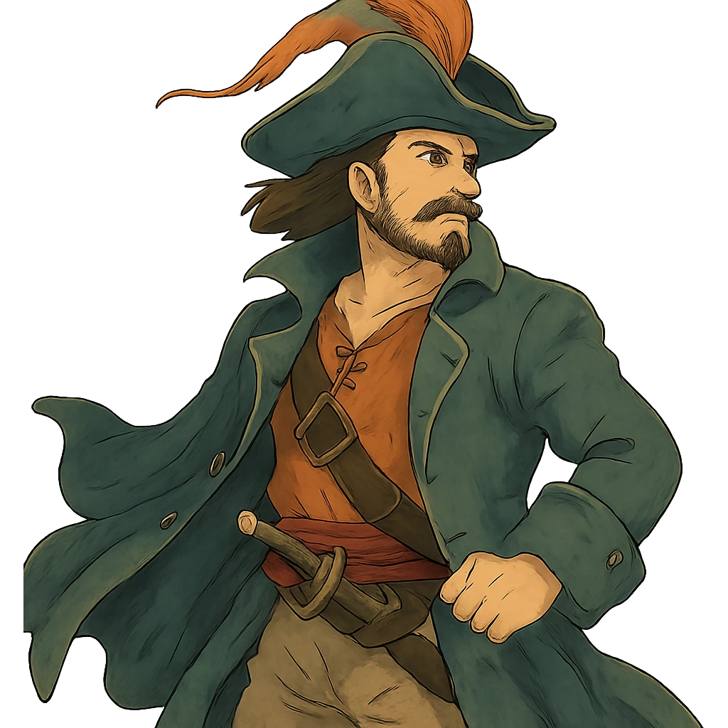 ghibli style pirate with flowing coat and feathered hat emoji