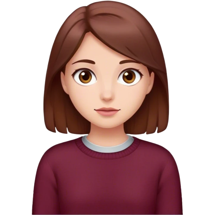 A girl with brown hair smiles, gray eyes, wearing a burgundy sweater emoji