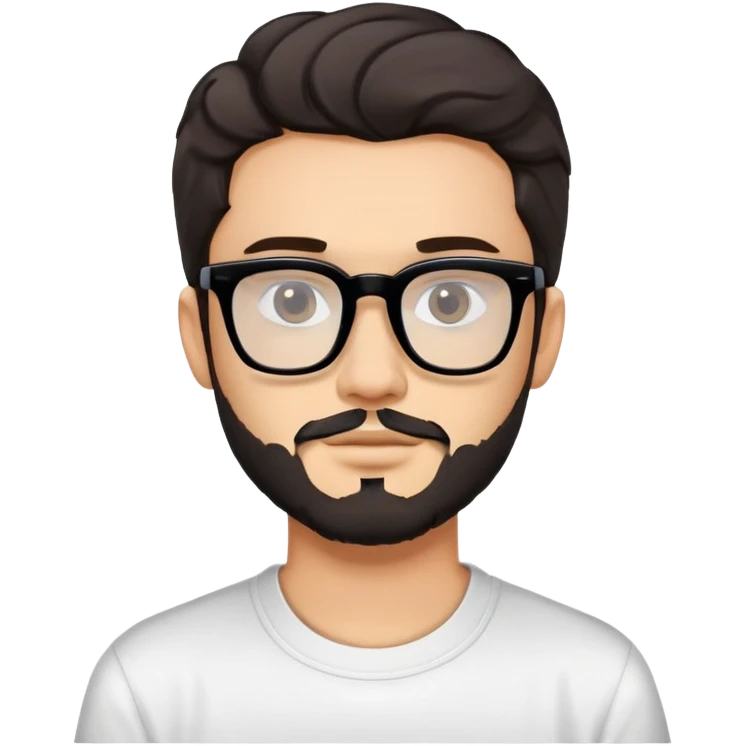young adult man with light skin, short beard, dark wavy hair, relaxed expression, very wide rectangular glasses with thick black acetate frame and thick double bridge, retro oversized style, colorful open shirt and white t-shirt emoji